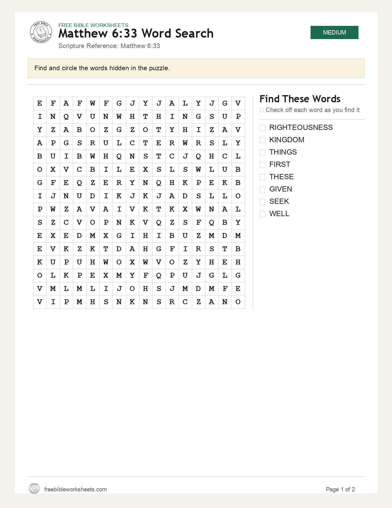 Matthew 6:33 Word Search preview