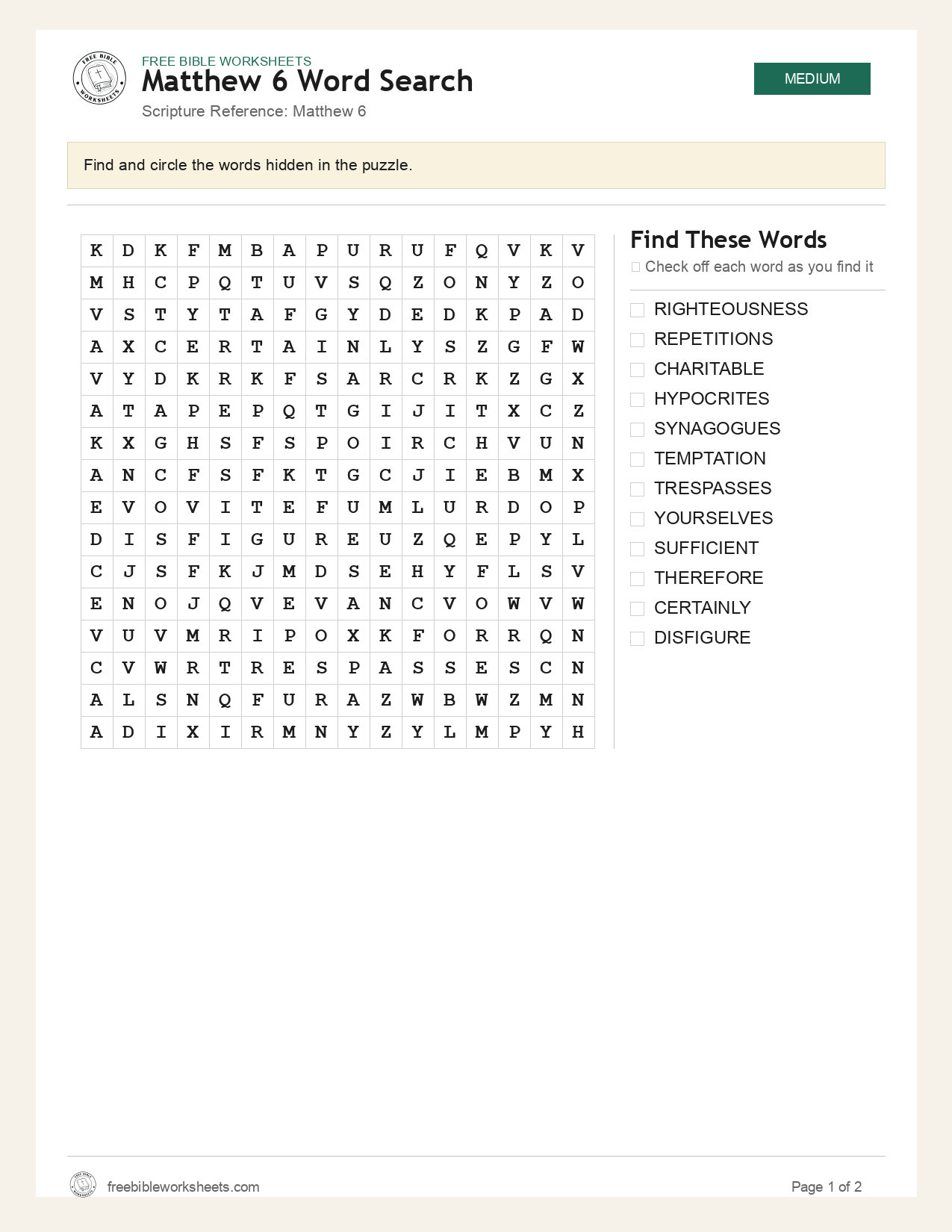 Matthew 6 Word Search preview