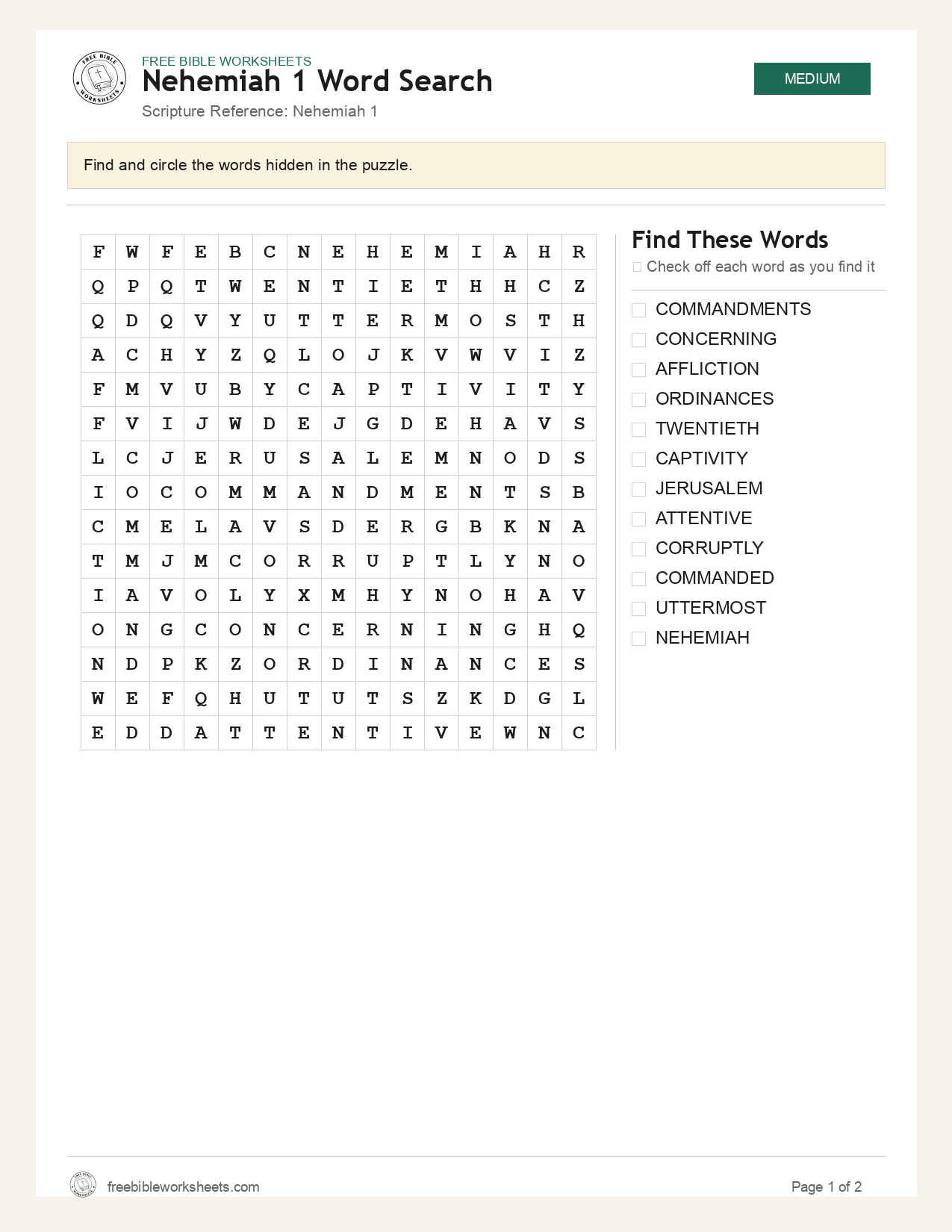 Nehemiah 1 Word Search preview