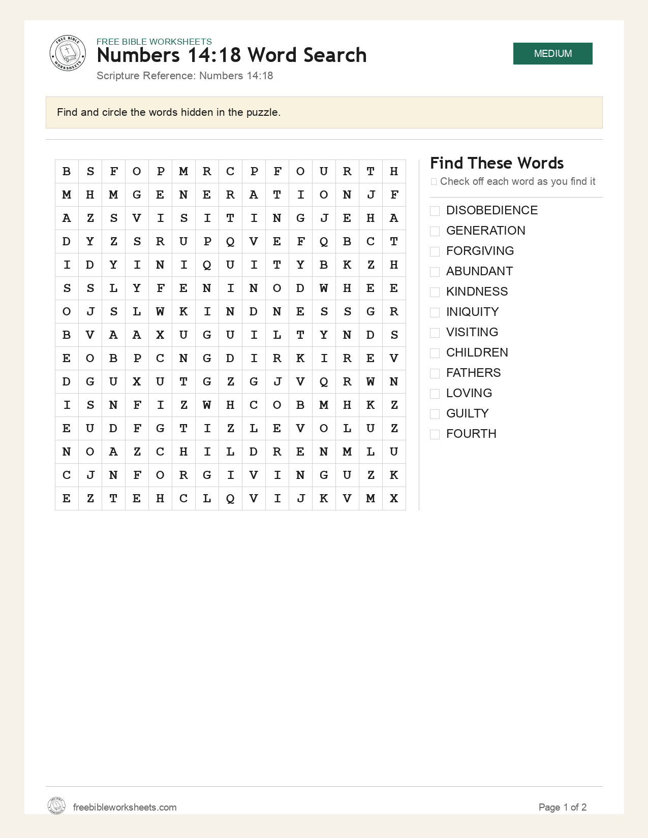 Numbers 14:18 Word Search preview