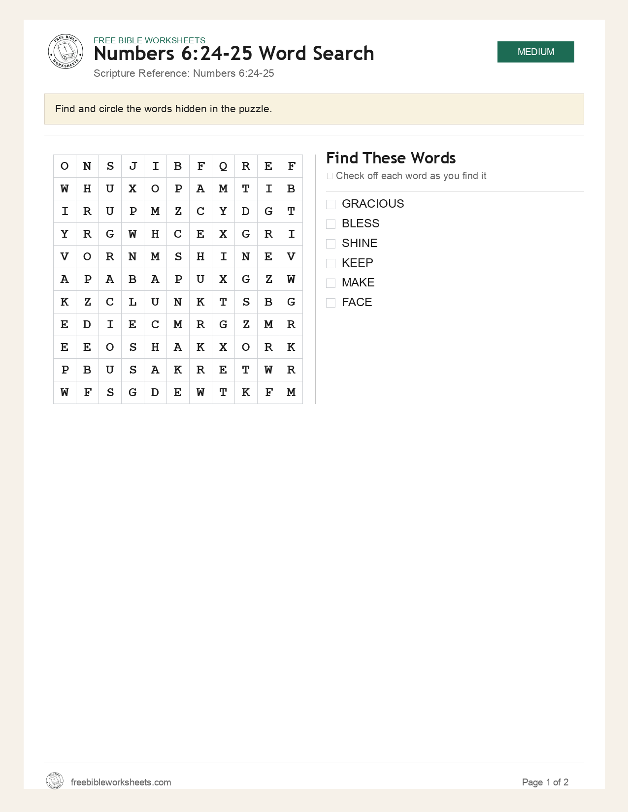 Numbers 6:24-25 Word Search preview