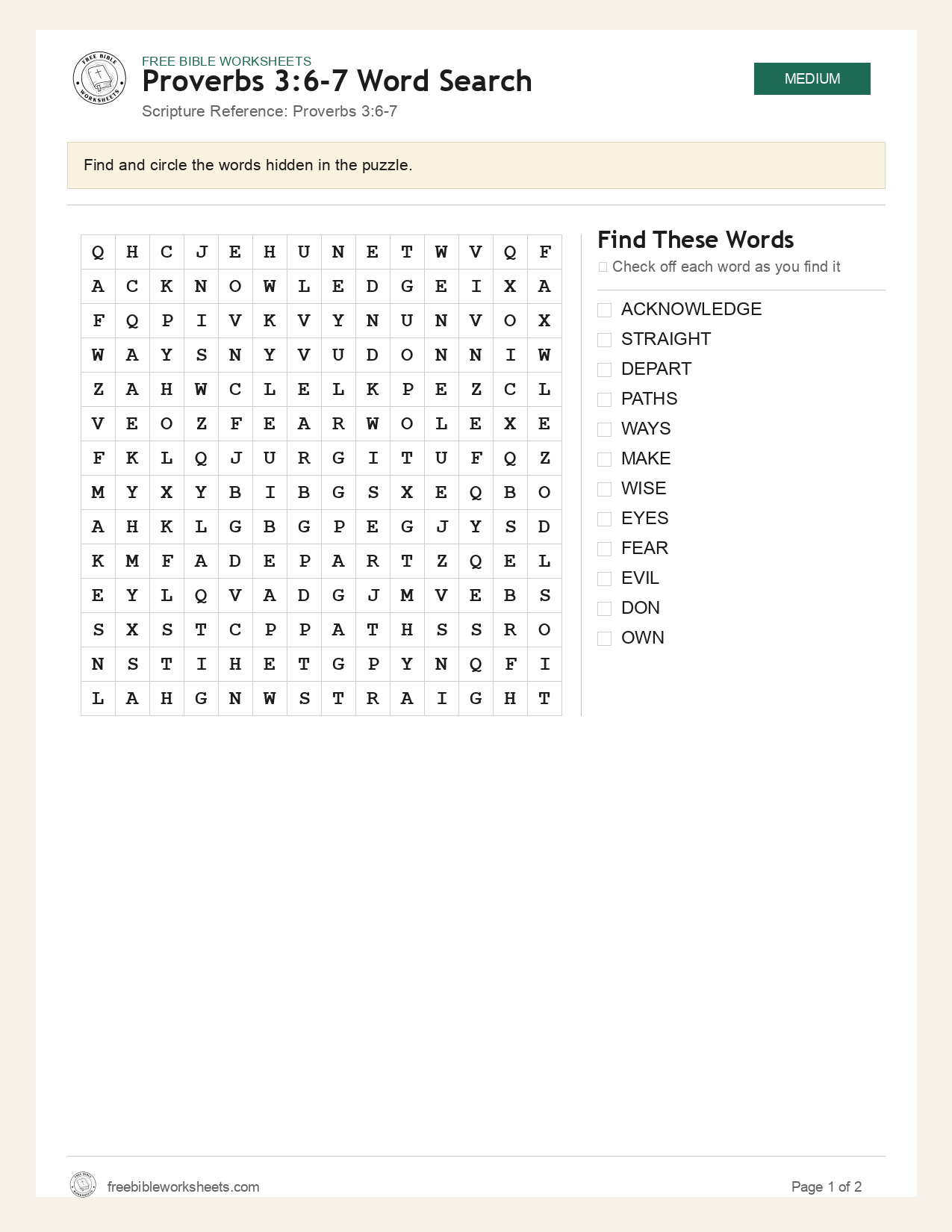 Proverbs 3:6-7 Word Search preview