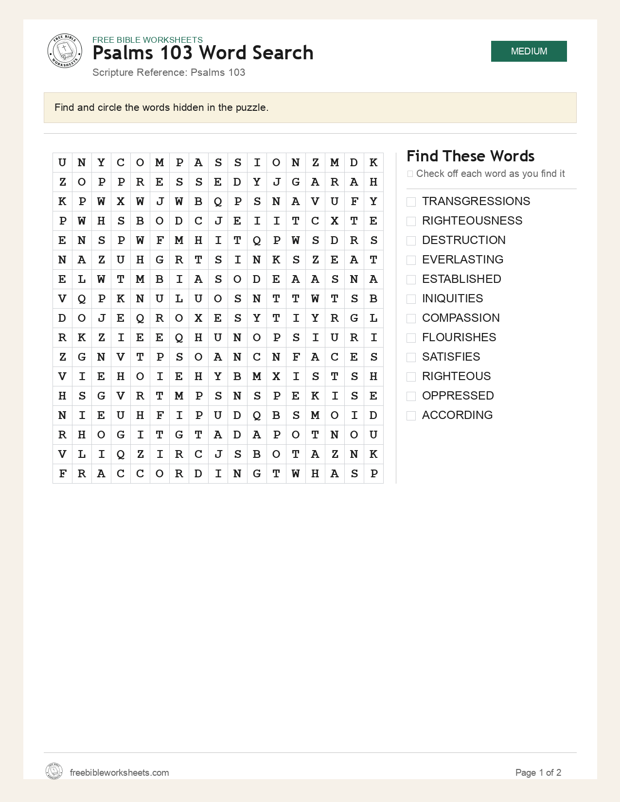 Psalms 103 Word Search preview