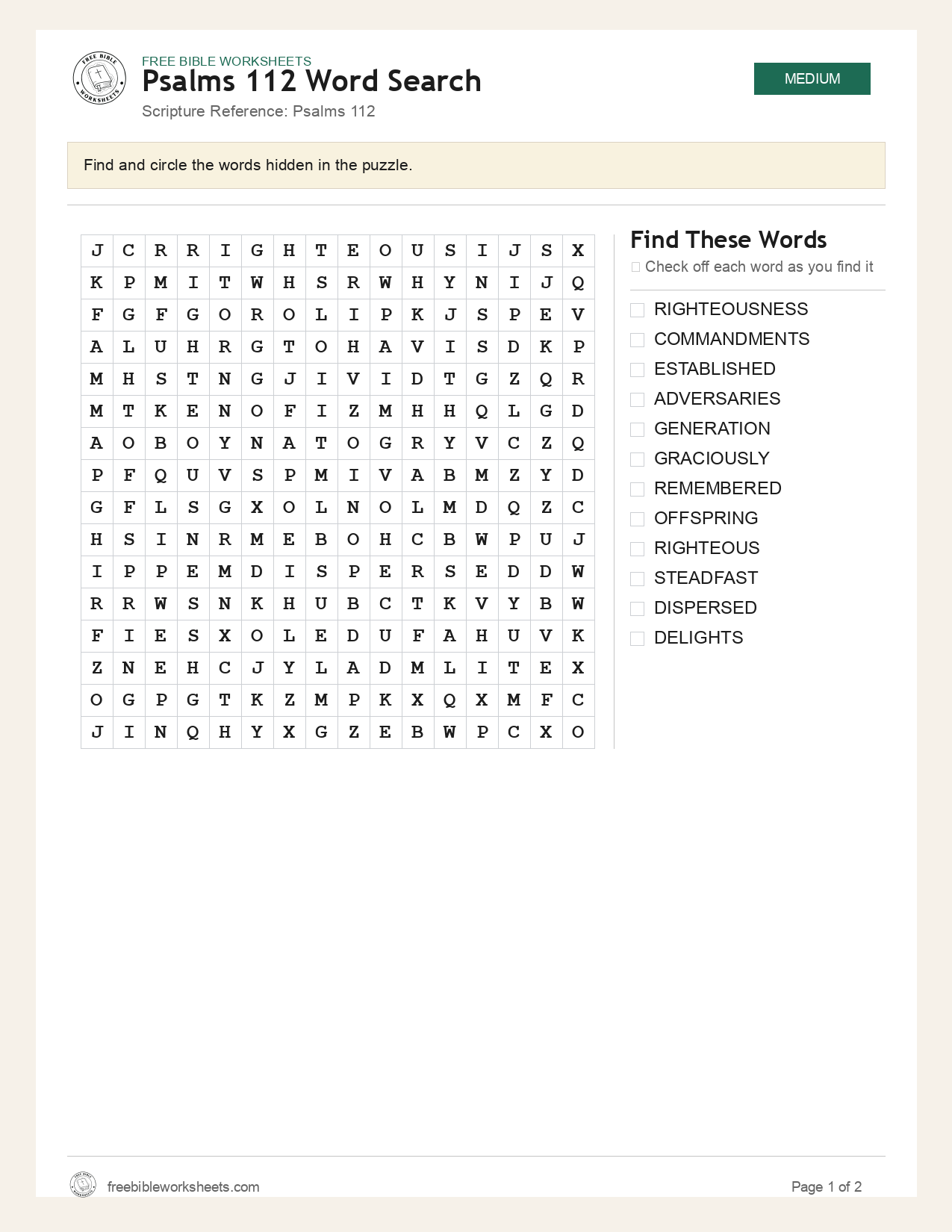 Psalms 112 Word Search preview