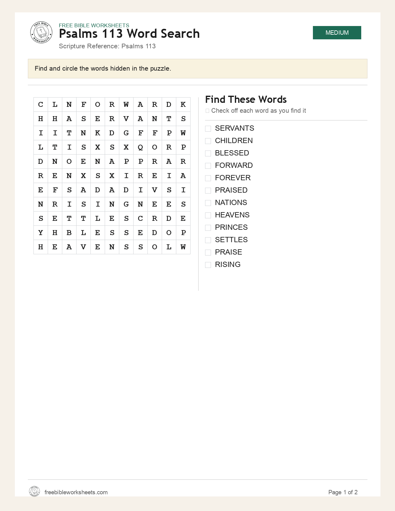 Psalms 113 Word Search preview