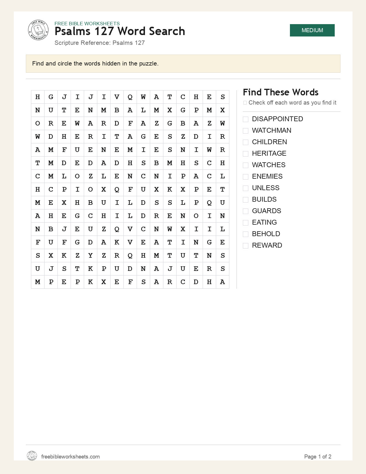 Psalms 127 Word Search preview