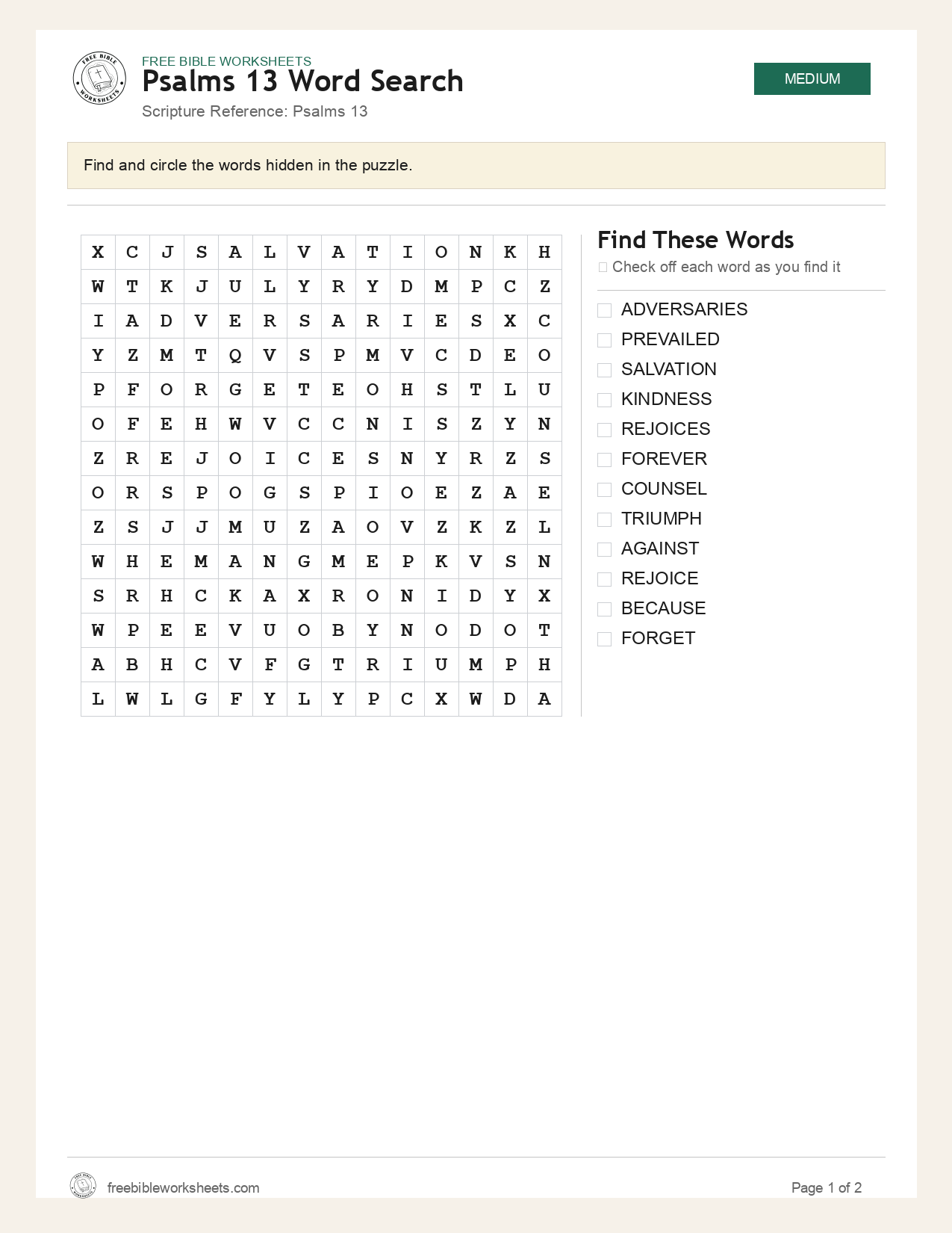 Psalms 13 Word Search preview