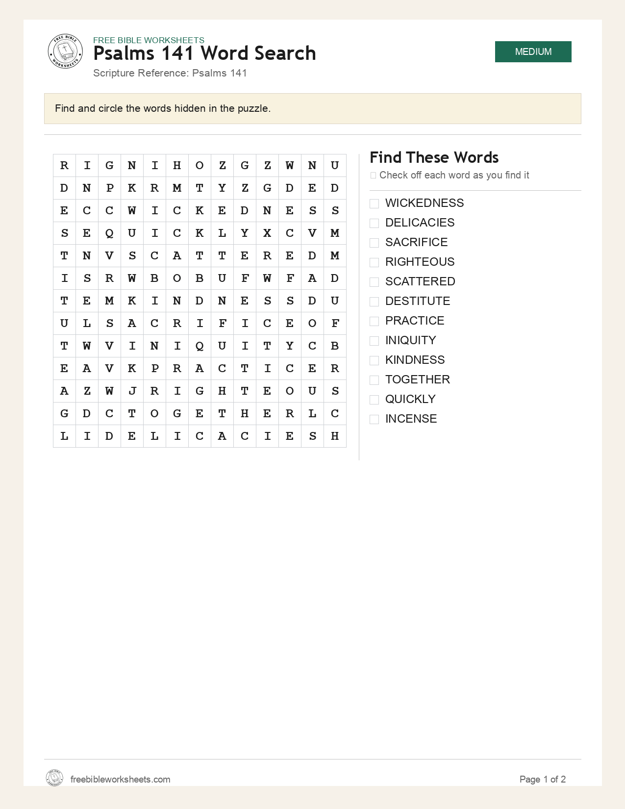Psalms 141 Word Search preview