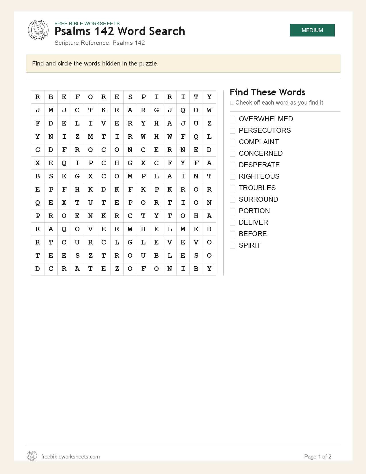 Psalms 142 Word Search preview