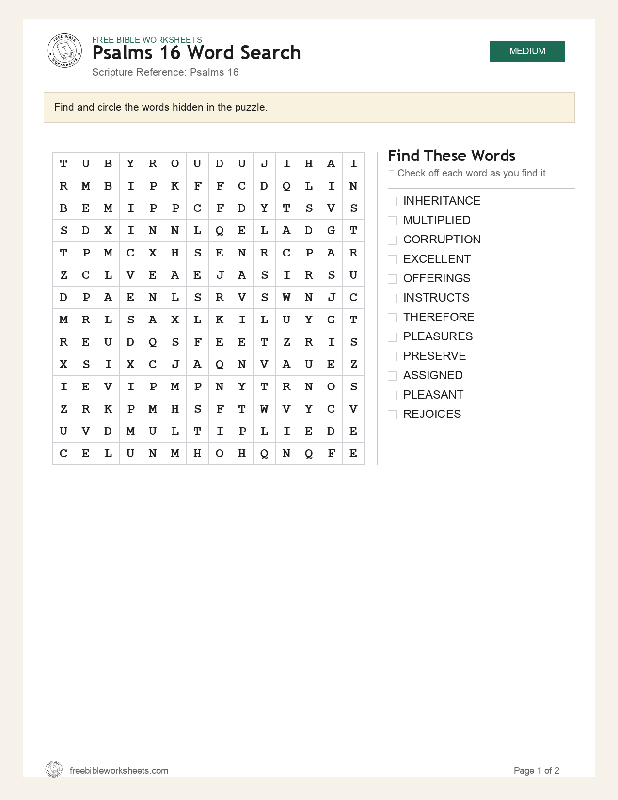 Psalms 16 Word Search preview