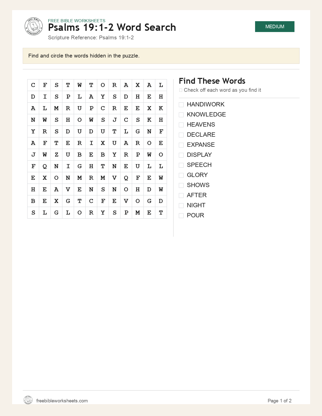 Psalms 19:1-2 Word Search preview
