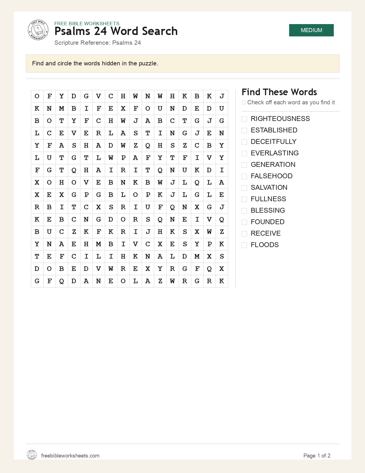 Psalms 24 Word Search preview