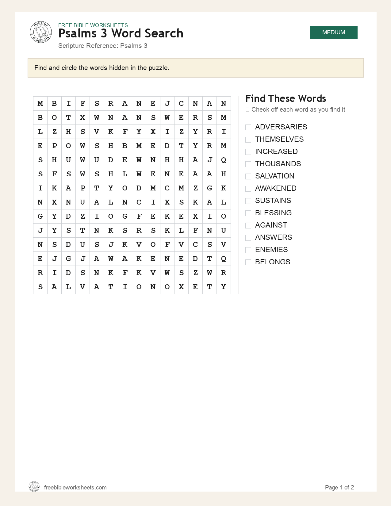 Psalms 3 Word Search preview