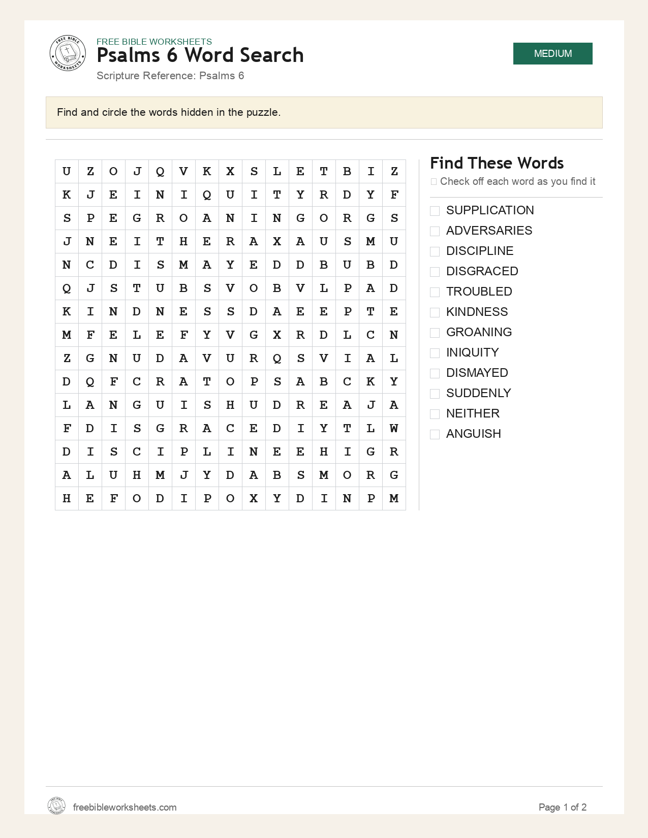 Psalms 6 Word Search preview