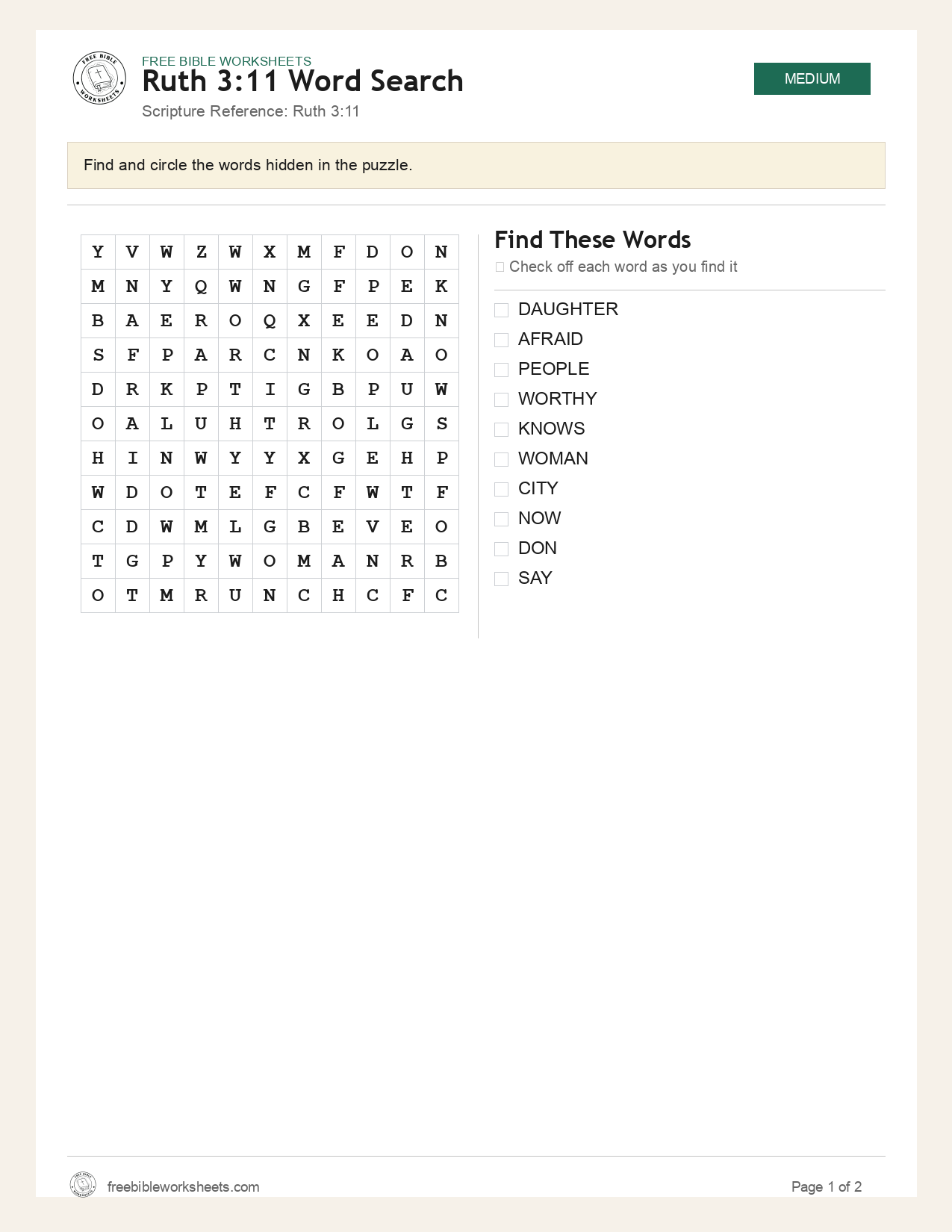 Ruth 3:11 Word Search preview