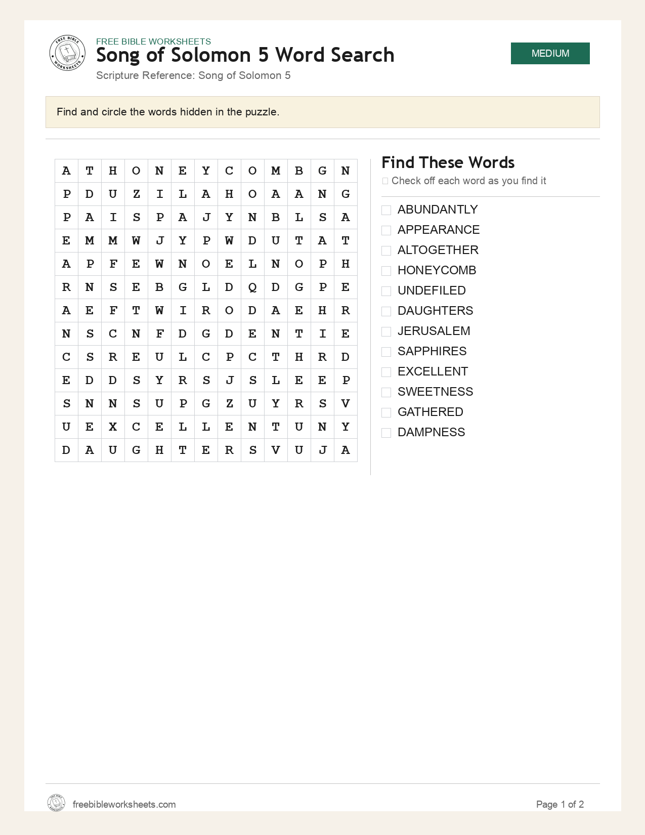 Song of Solomon 5 Word Search preview