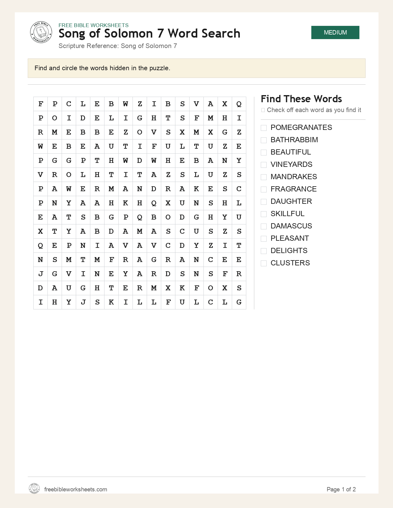 Song of Solomon 7 Word Search preview