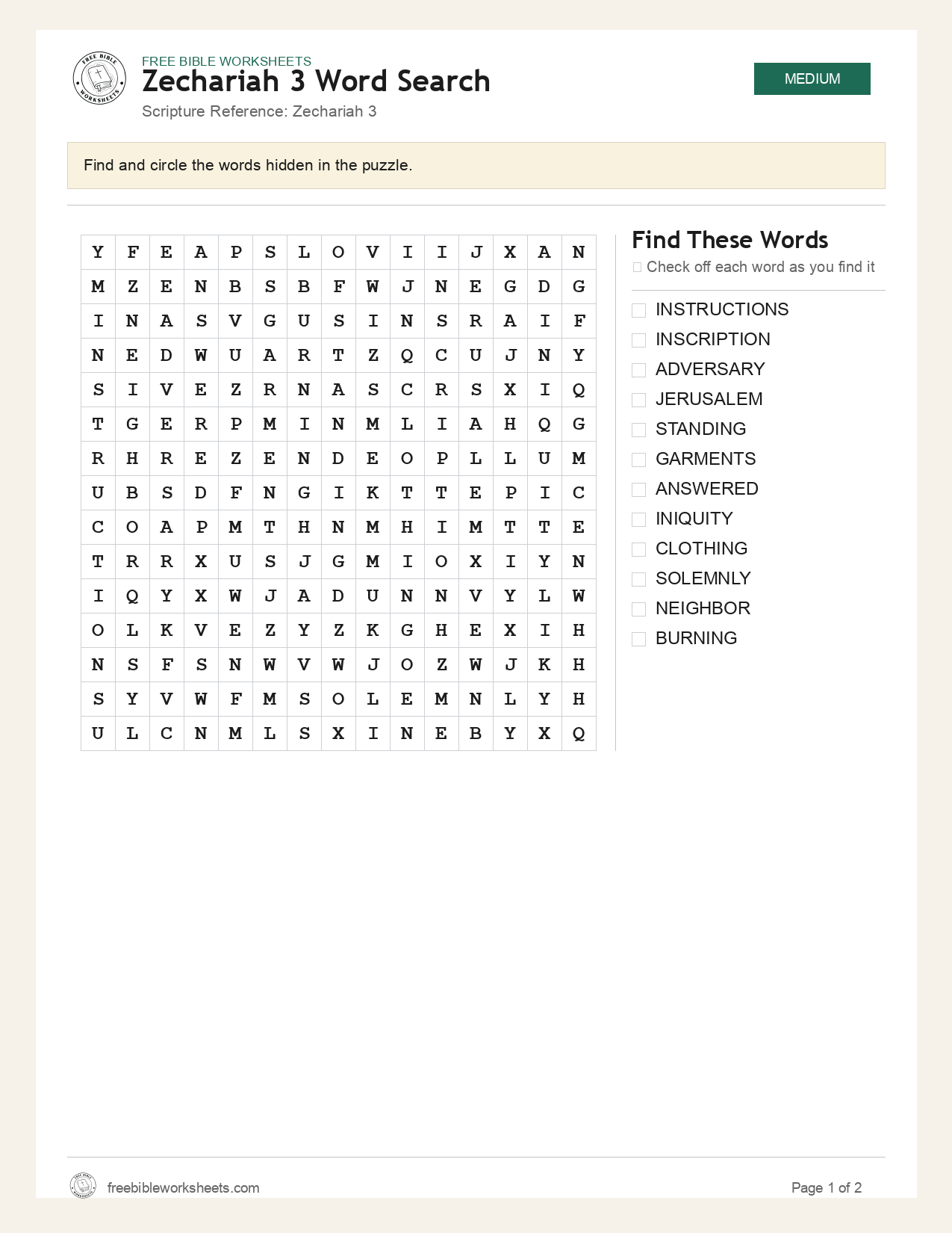 Zechariah 3 Word Search preview